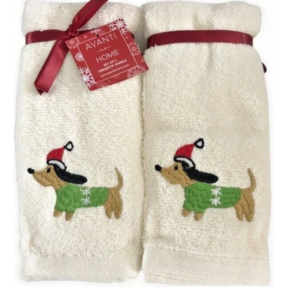 Avanti Christmas Dachshund Fingertip Towel Set Of 2 Ivory Doxie Hot Dog Holiday
